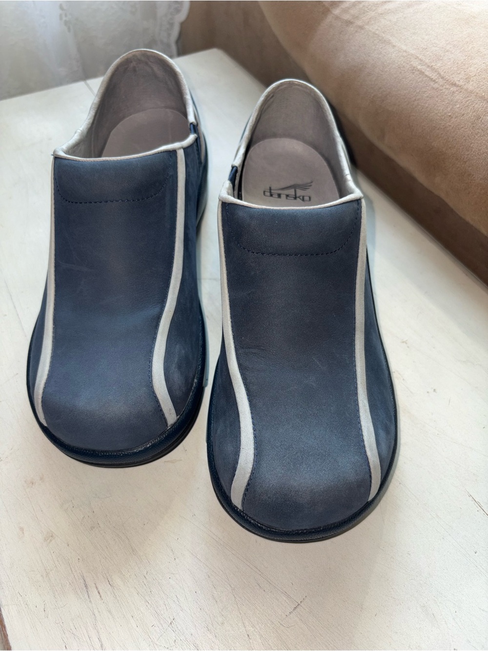 Dansko Navy Leather Slip-On Loafers with solver Trim